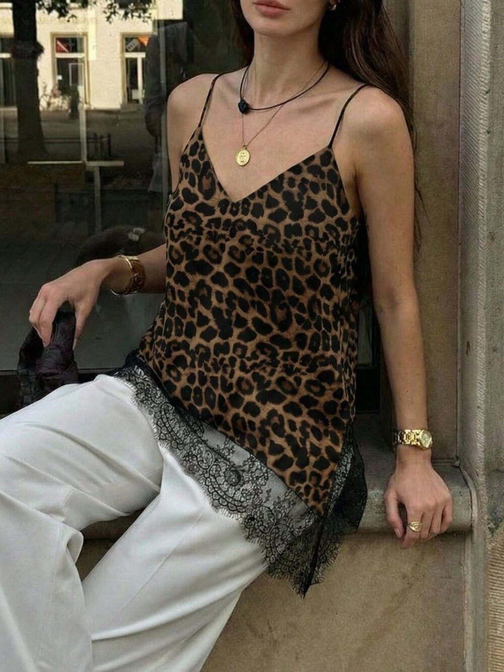White Casual Elegant Women's Leopard Print Contrast Lace Camisole Party Top